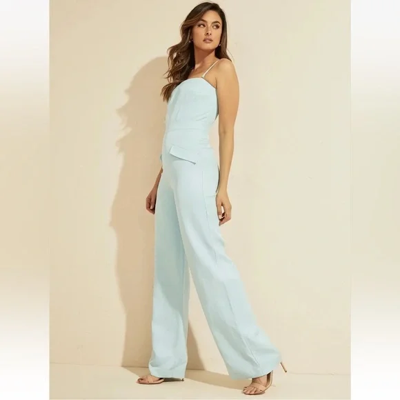 New Guess Marciano Provence Strapless Wide Leg Blue Linen Jumpsuit 6 M Short - Picture 2 of 5